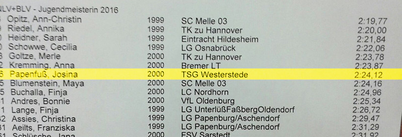 Leichtathletik Landesmeisterschaft Hannover Ergebnis 800 Meter Josina